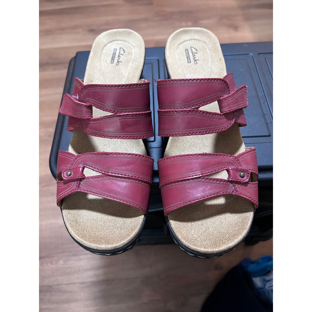 Clarks Collection Women Red Leather Comfort Wedge Slide Sandals Shoes Size 8